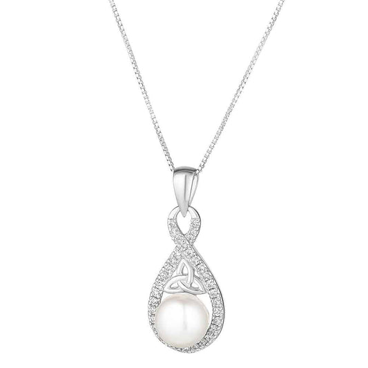 Irish Necklace | Sterling Silver Twisted Crystal Trinity Knot Pearl Pendant