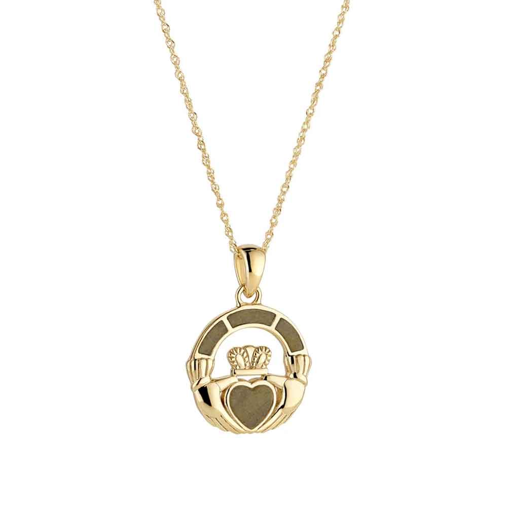 irish necklace - a 10k gold connemara marble claddagh pendant on a white background