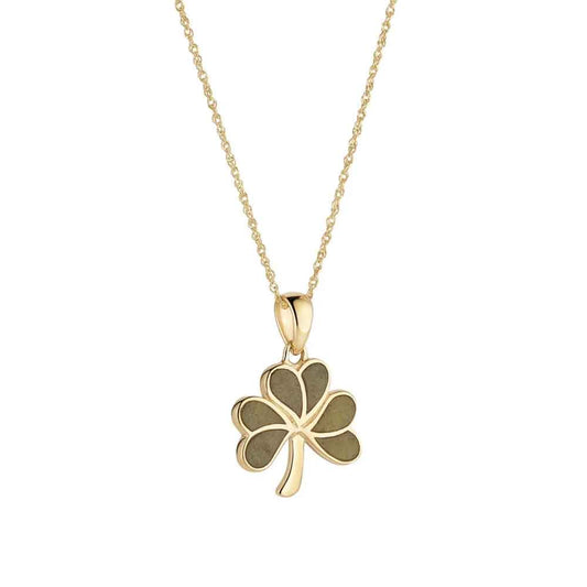 Irish Necklace - A 10k Gold Connemara Marble Shamrock Pendant on a white background