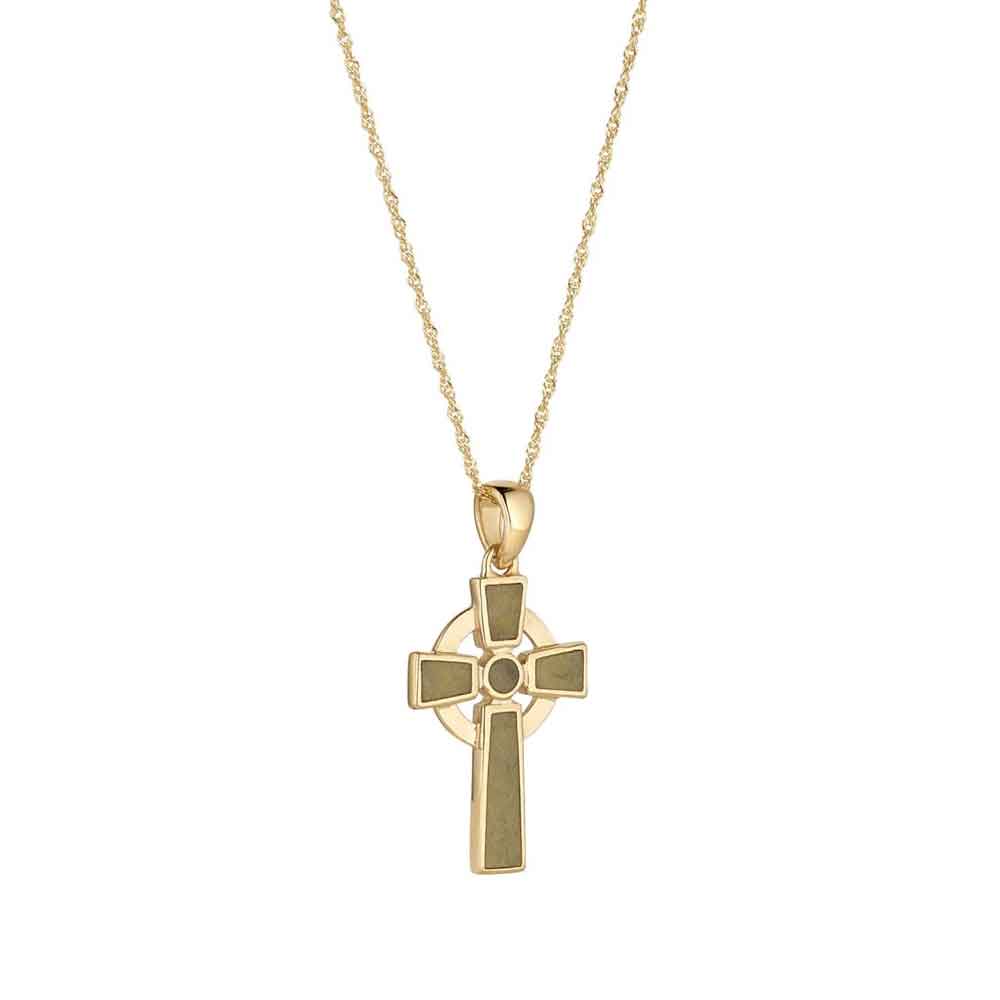 irish necklace - a 10k gold connemara marble celtic cross pendant on a white background