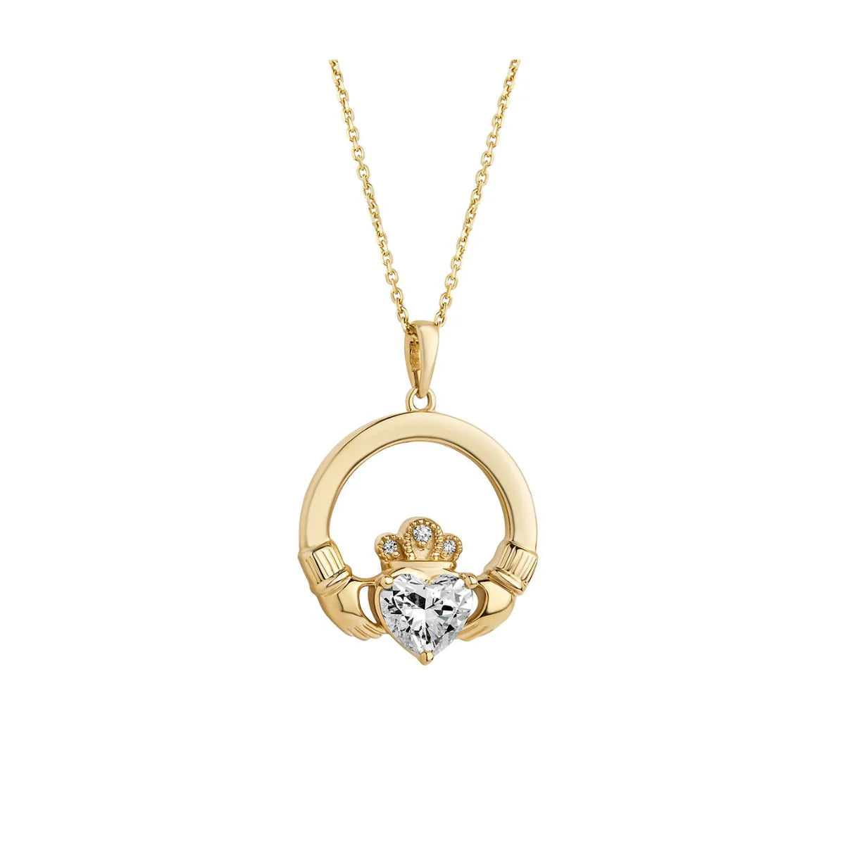 14k gold 1ct diamond heart claddagh pendant on a white background