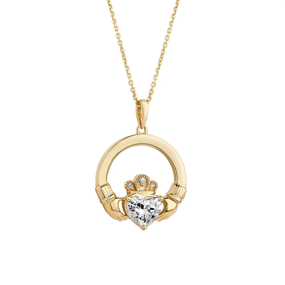 14k gold 1.25ct diamond heart claddagh pendant on a white background
