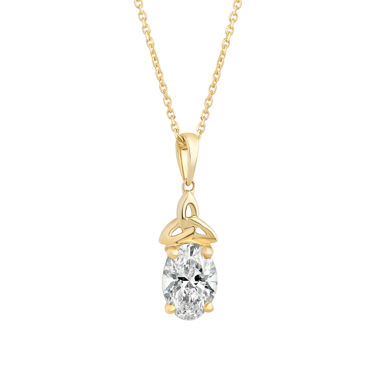 14k gold trinity knot oval 1.5ct diamond pendant on a white background