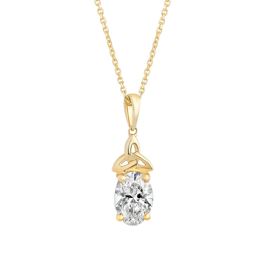 14k Gold Trinity Knot Oval 1.5ct Diamond Pendant on a white background