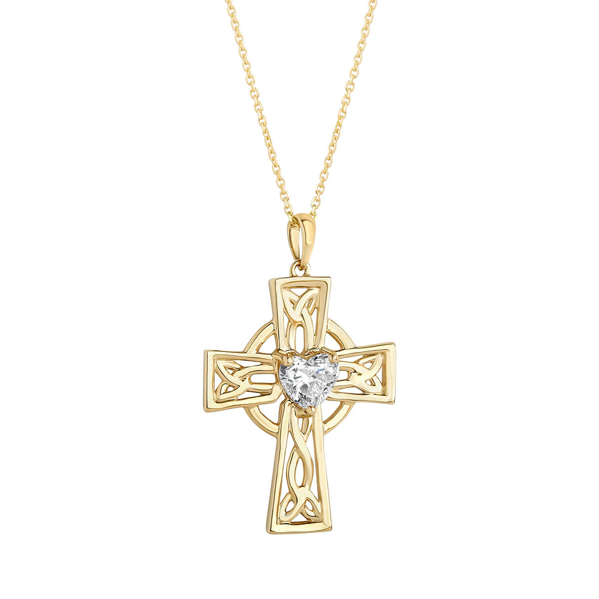 14k gold celtic cross 1ct diamond heart pendant on a white background