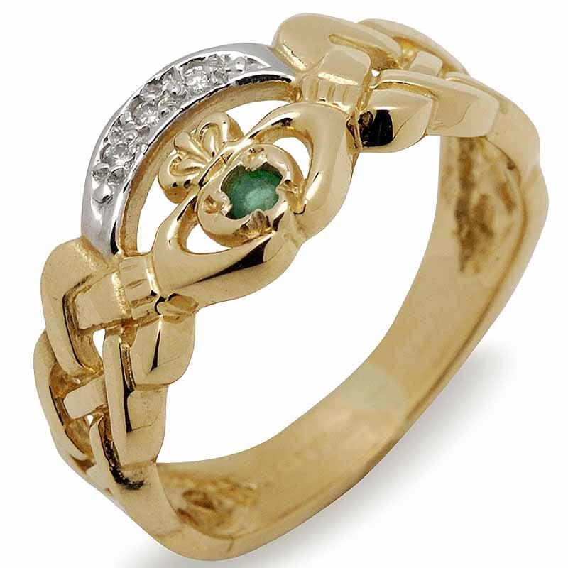 irish wedding ring - 10k gold ladies celtic band with cz and emerald claddagh