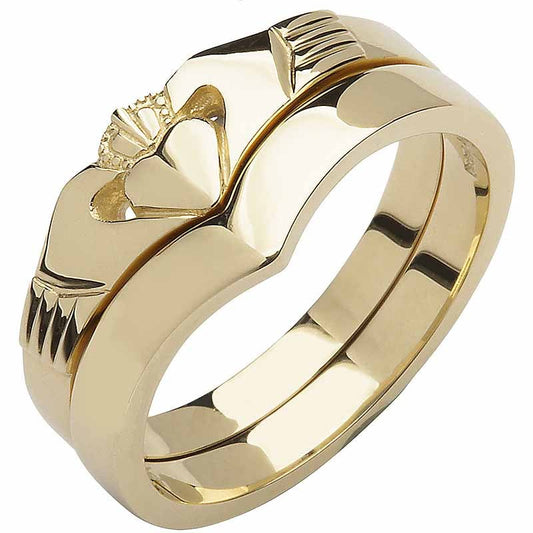 Irish Wedding Band - 10k Yellow Gold Ladies Elegant Two Piece Wishbone Claddagh Ring