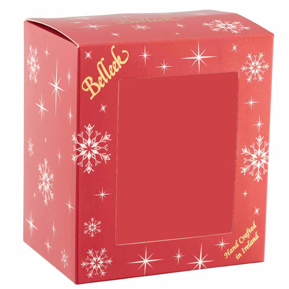 belleek red gift box with snowflake patterns and a window