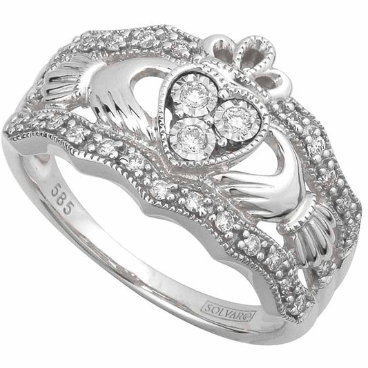 Claddagh Ring - 14k White Gold Diamond Ladies Irish Claddagh Band
