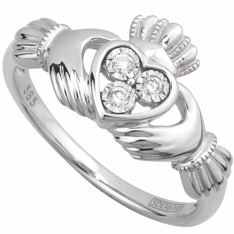 claddagh ring - ladies irish claddagh ring 14k white gold with 3 diamonds