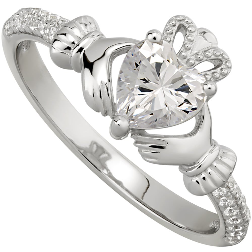 irish ladies sterling silver crystal birthstone claddagh ring