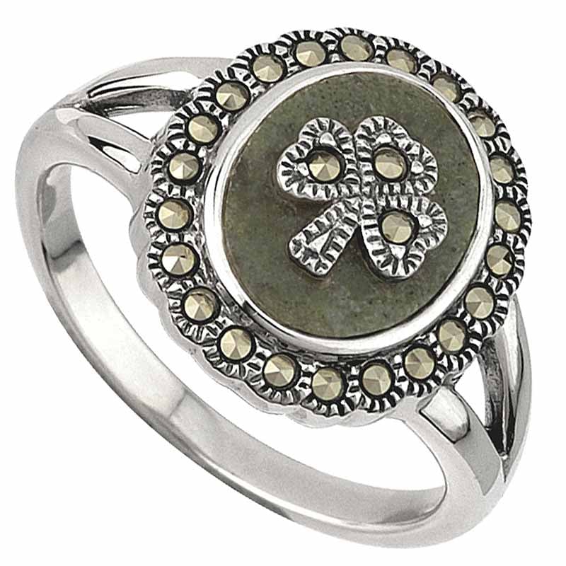 shamrock ring - ladies sterling silver marcasite marble shamrock