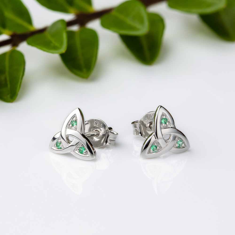 14k white gold trinity knot with emeralds earrings