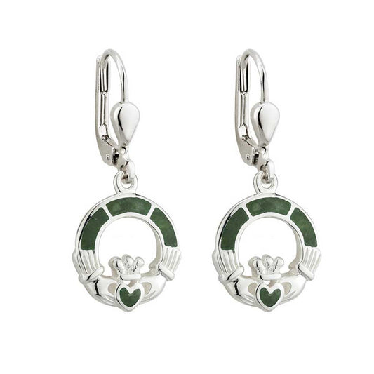 Claddagh Earrings - Sterling Silver Connemara Marble Claddagh Drop Earrings