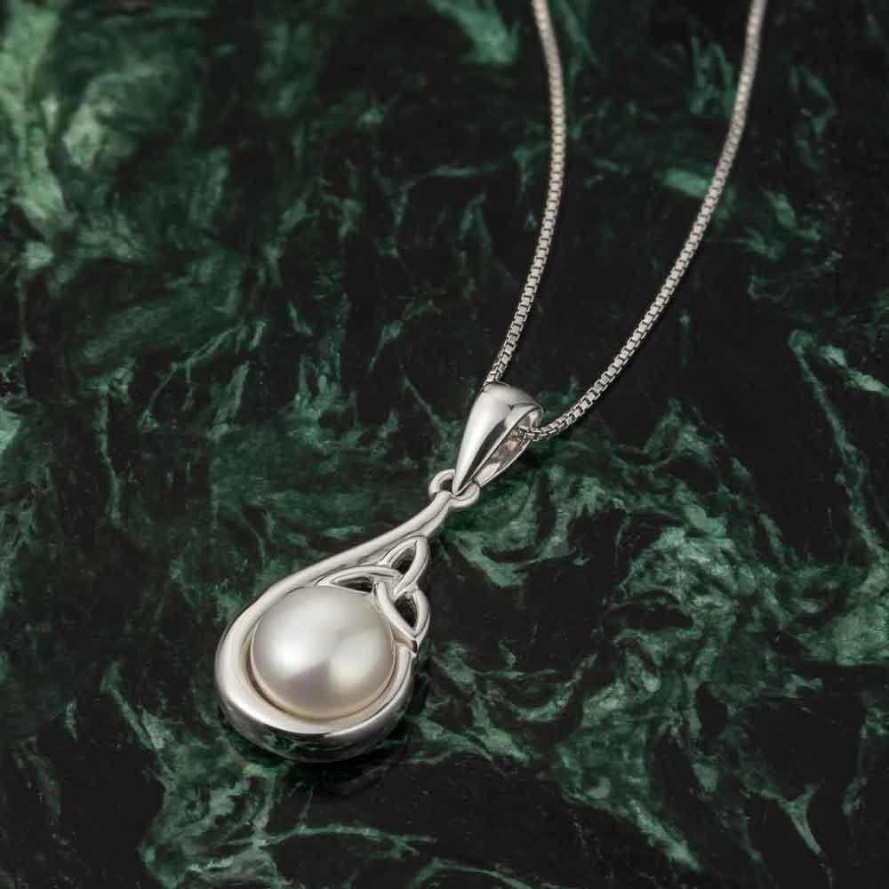 irish necklace - sterling silver and half pearl trinity knot pendant with chain
