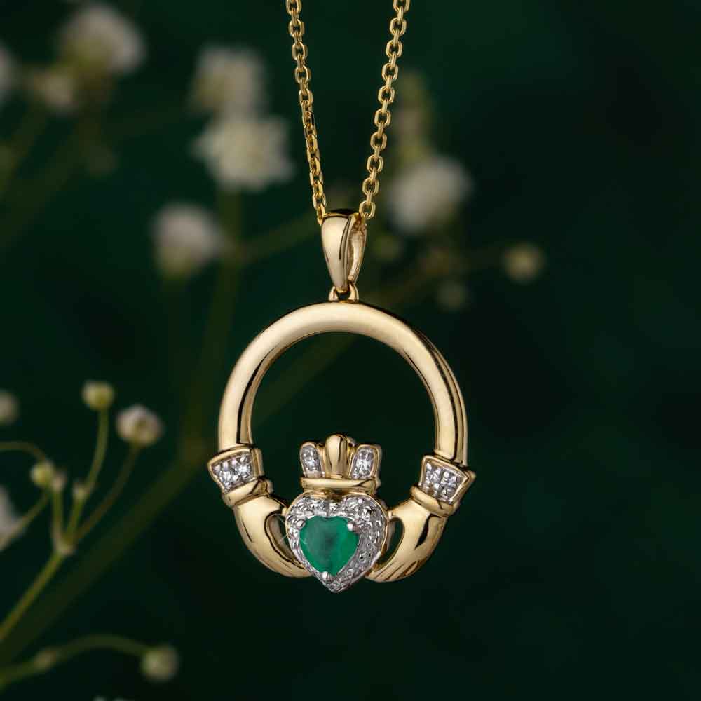 irish necklace | 14k gold diamond & emerald claddagh pendant