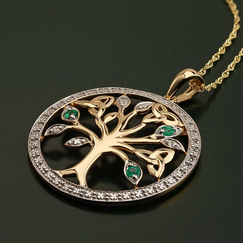 irish necklace - 14k gold with diamonds and emeralds tree of life pendant