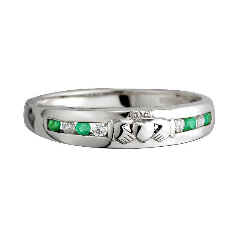 claddagh ring - ladies 14k white gold with 8 diamonds and emerald claddagh