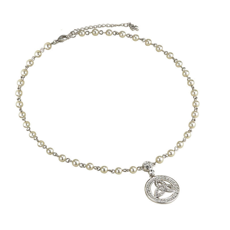 irish necklace - pearl silver plated crystal trinity knot necklet