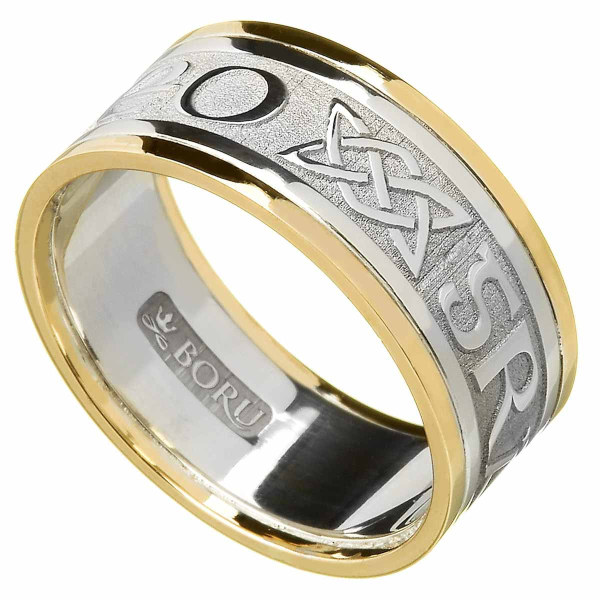 irish ring - men's white gold with yellow gold trim - gra go deo 'love forever' irish wedding ring