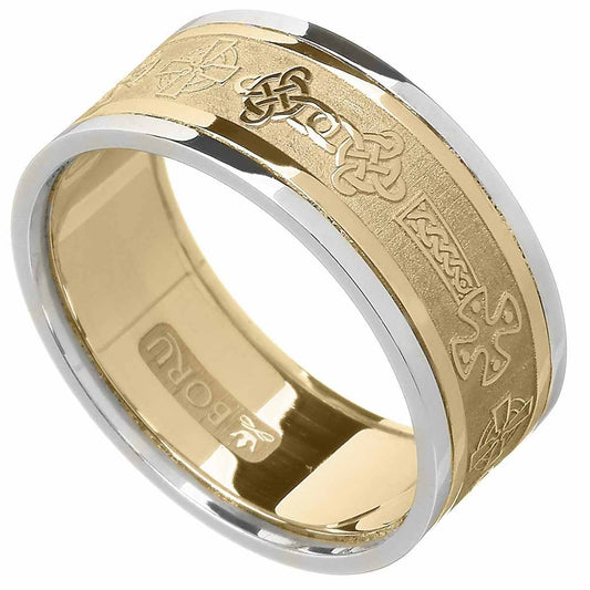 Celtic Ring - Men's Yellow Gold with White Gold Trim Celtic Cross Wedding Ring