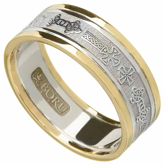 Celtic Ring - Ladies White Gold with Yellow Gold Trim Celtic Cross Wedding Ring
