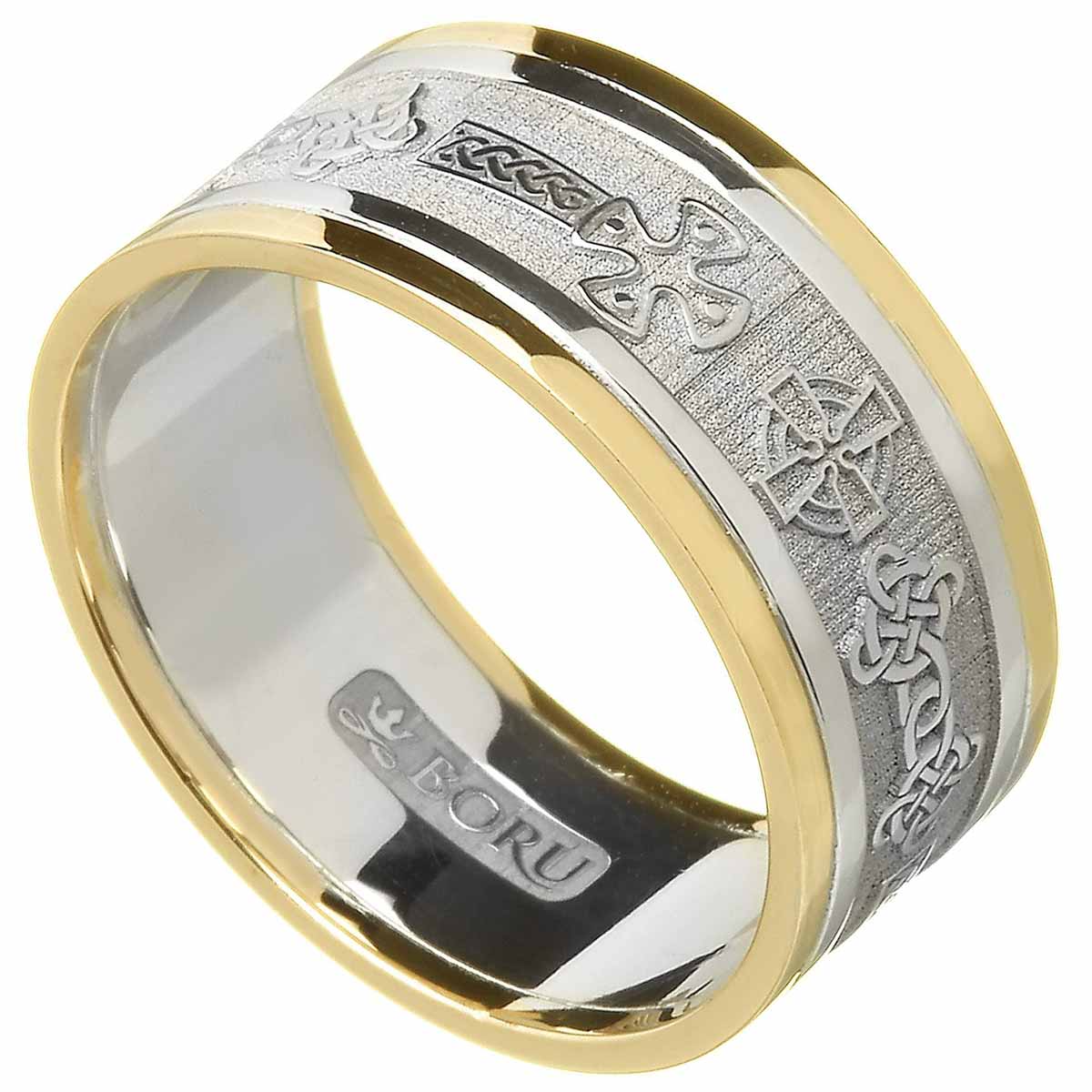 celtic ring - men's white gold with yellow gold trim celtic cross wedding ring