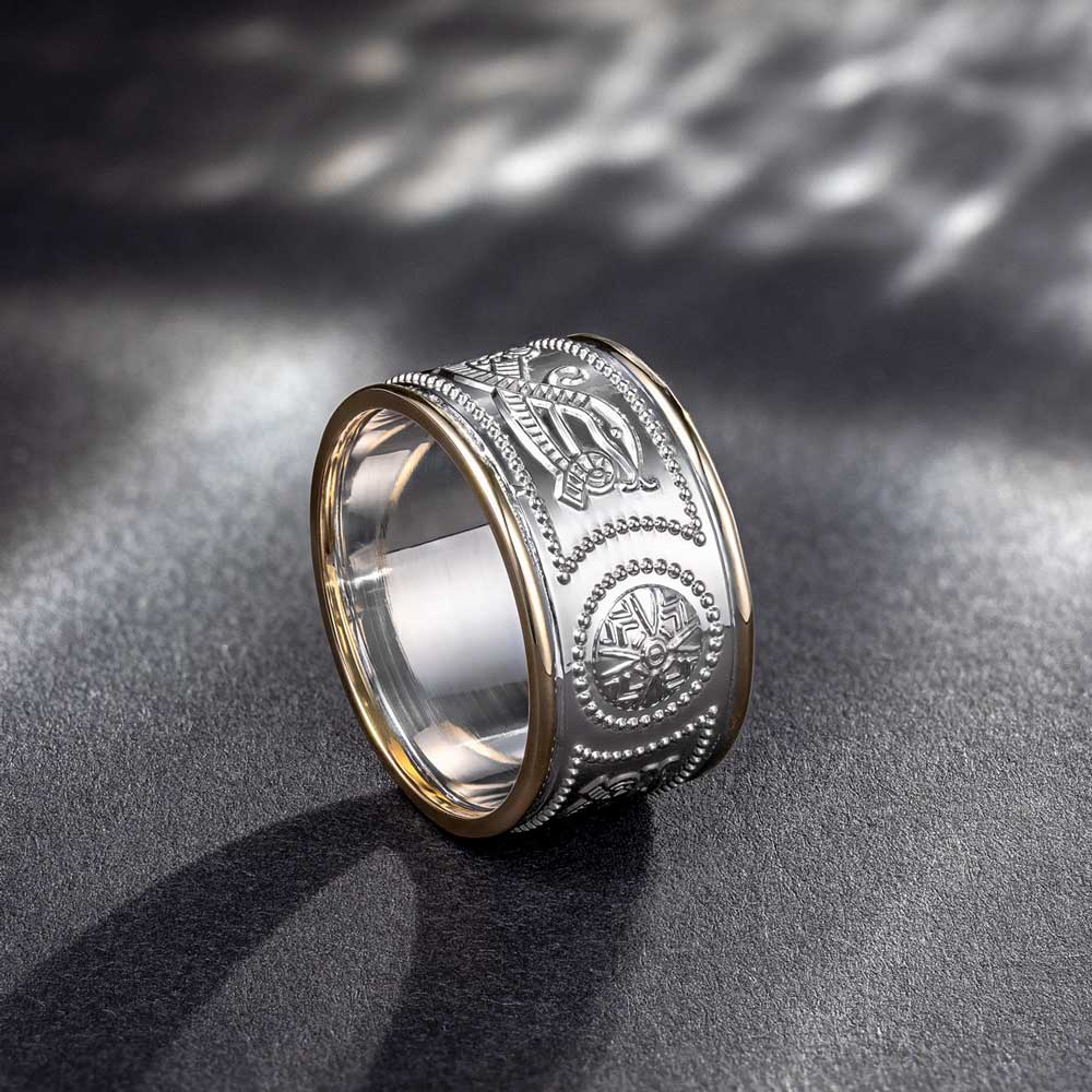 celtic ring - men's white gold with yellow gold trim warrior shield wedding band