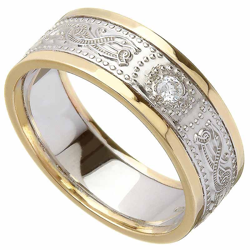 celtic ring - ladies white gold with yellow gold trim and diamond warrior shield wedding ring