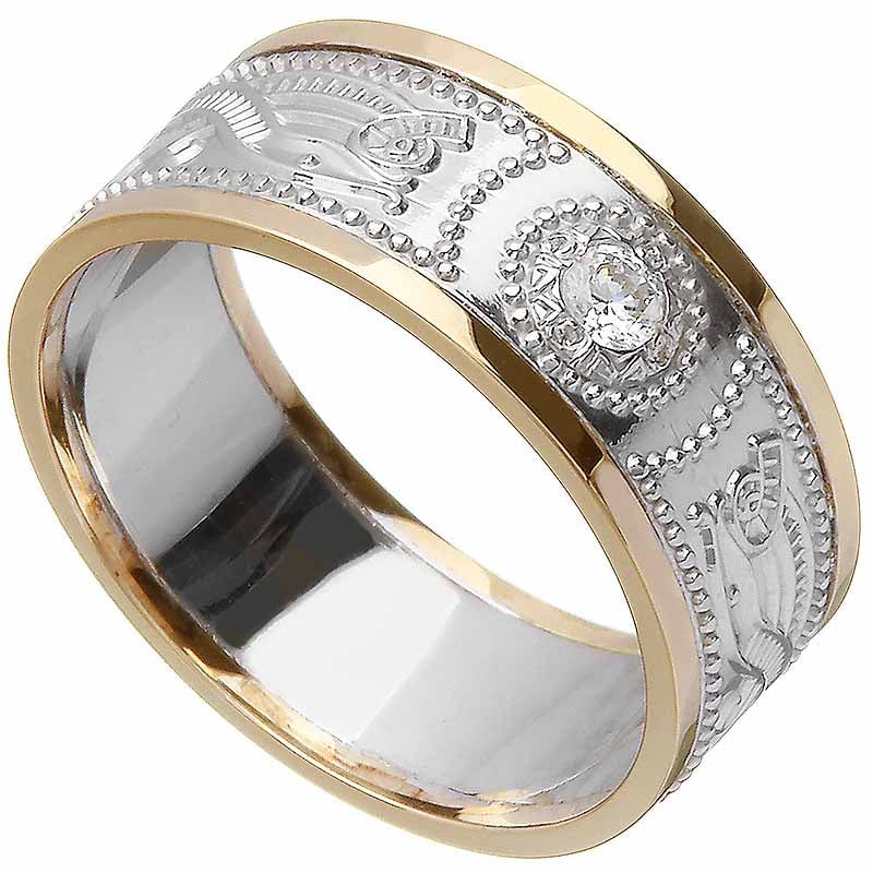 celtic ring - men's white gold with yellow gold trim and diamond warrior shield wedding ring