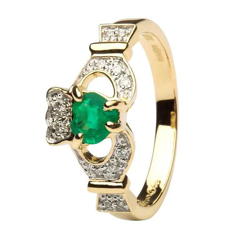 Product image for Irish Engagement Ring - Claddagh Ring with Diamonds and Emerald Heart