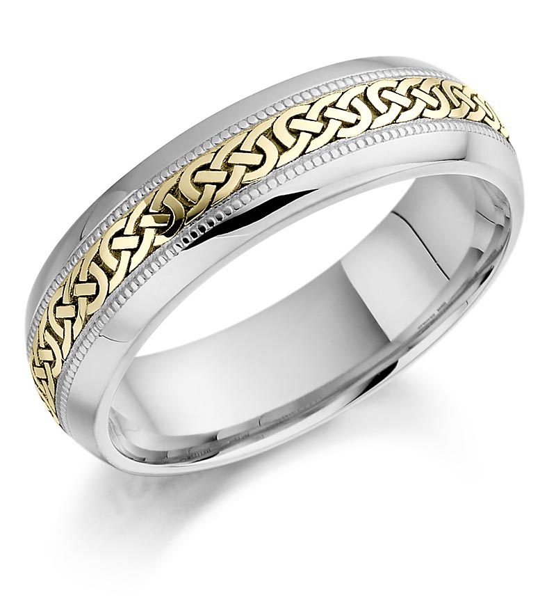 Irish Wedding Ring Mens White and Yellow Gold Celtic