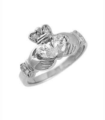 Product image for Claddagh Ring - Ladies 14k White Gold Claddagh with Two Diamond Heart Irish Wedding Ring