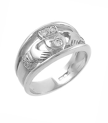 Product image for Claddagh Ring - Ladies 14k White Gold Claddagh with Diamonds Irish Wedding Ring