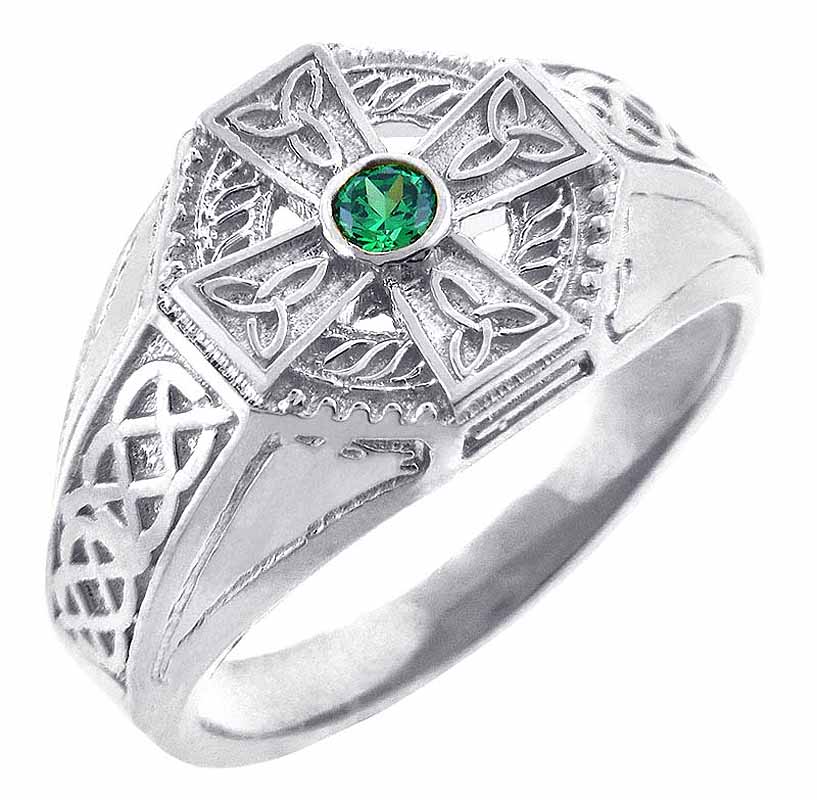 Product image for Celtic Ring - Men's White Gold Celtic Cross Ring with Emerald Stone Center