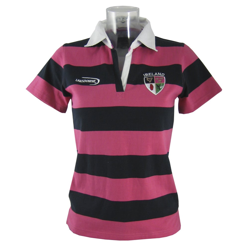 Product image for Irish Rugby Shirt - Ladies Navy and Pink Striped Ireland 4 Provinces Short Sleeve Rugby Shirt