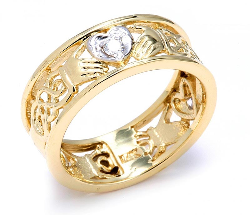 Product image for Claddagh Ring - Two-Tone Gold Diamond Claddagh Wedding Band with Celtic Knot