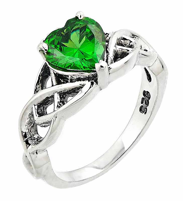 Product image for Celtic Ring - Sterling Silver Celtic Knot with Heart Shaped Green Emerald Stone