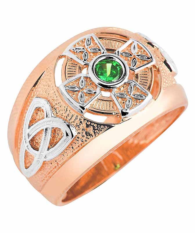 Product image for Celtic Ring - Men's Two Tone Rose Gold Celtic Green Emerald CZ Ring
