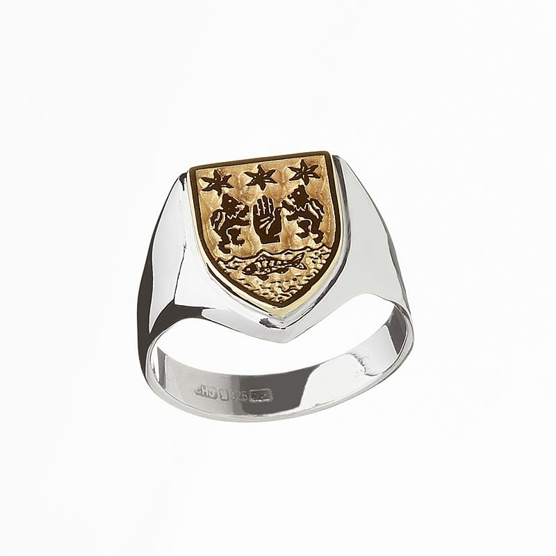 Product image for Irish Ring - Coat of Arms Sterling Silver and 10k Gold Mens Heavy Shield Heraldic Ring