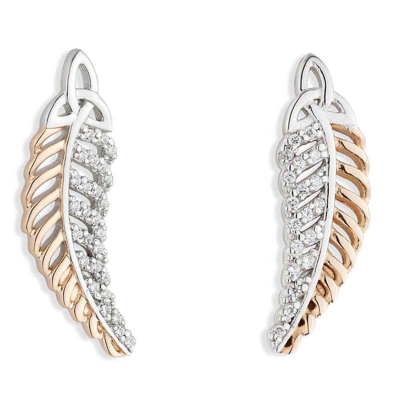 Product image for Jean Butler Jewelry - Sterling Silver with 18k Rose Gold Plate CZ Feather Trinity Knot Irish Earrings