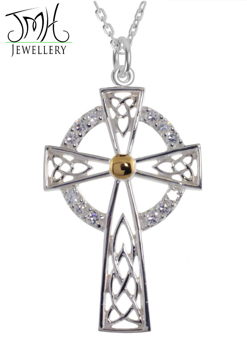 Product image for Irish Necklaces - Sterling Silver with White CZ Stones High Cross Celtic Pendant