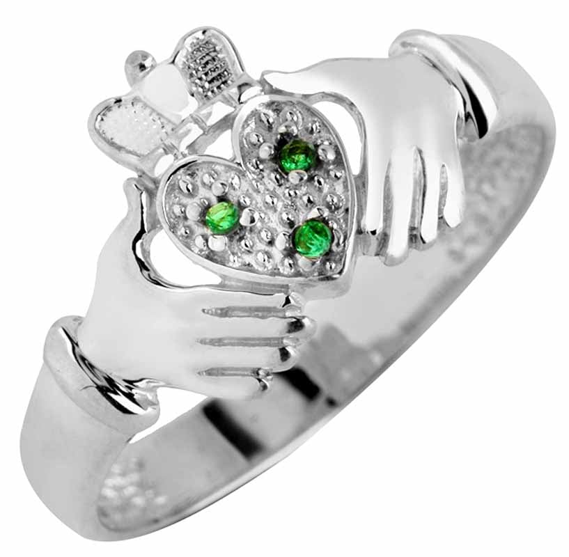 Product image for Claddagh Ring - Ladies White Gold Claddagh Ring with Emerald Trio