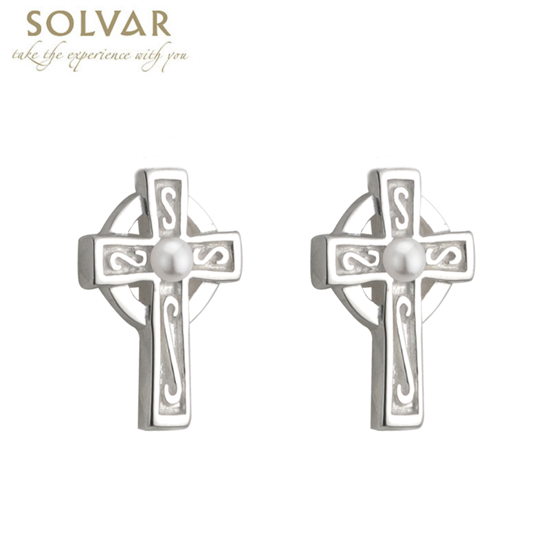Product image for First Communion Silver Plated Celtic Cross Earrings with Pearl Center