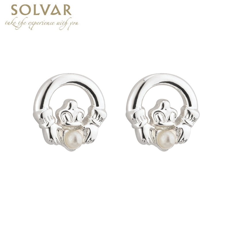 Product image for First Communion Silver Plated Claddagh Earrings with Pearl Center