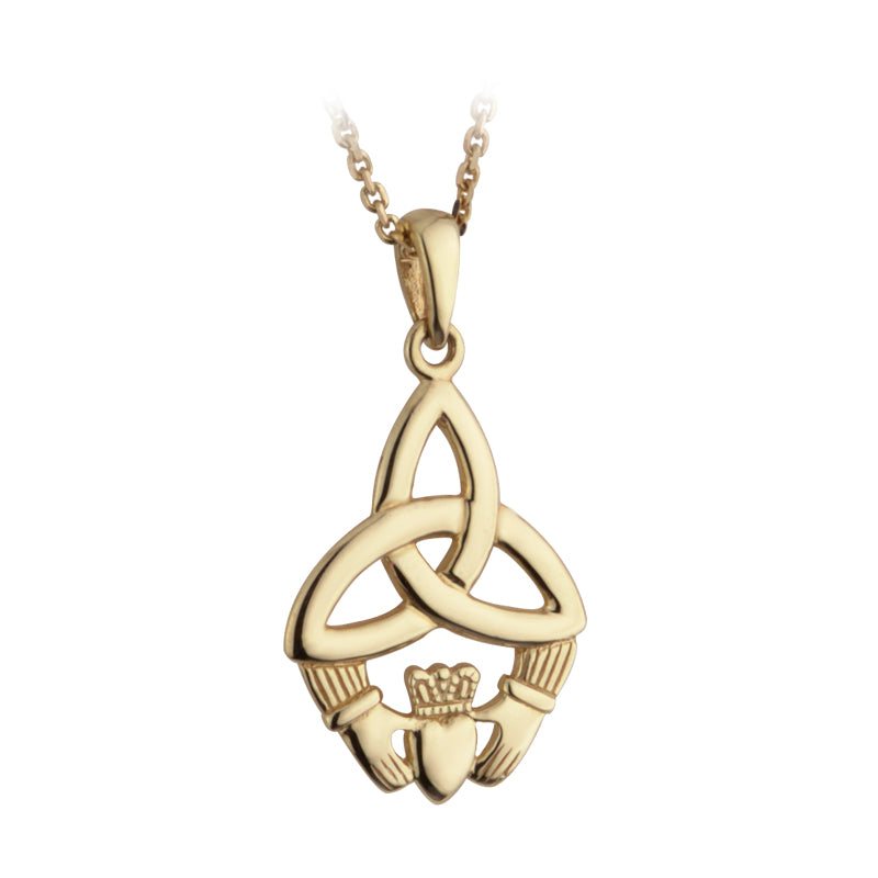 Irish Necklace 10k Yellow Gold Trinity Knot and Claddagh Pendant with