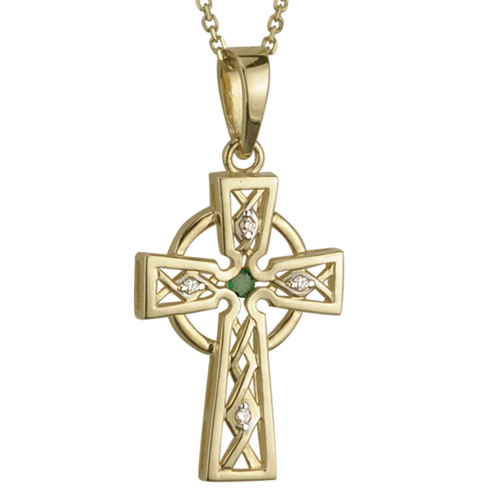 Product image for Celtic Pendant - 14k Gold with Diamond and Emerald Celtic Cross Pendant with Chain