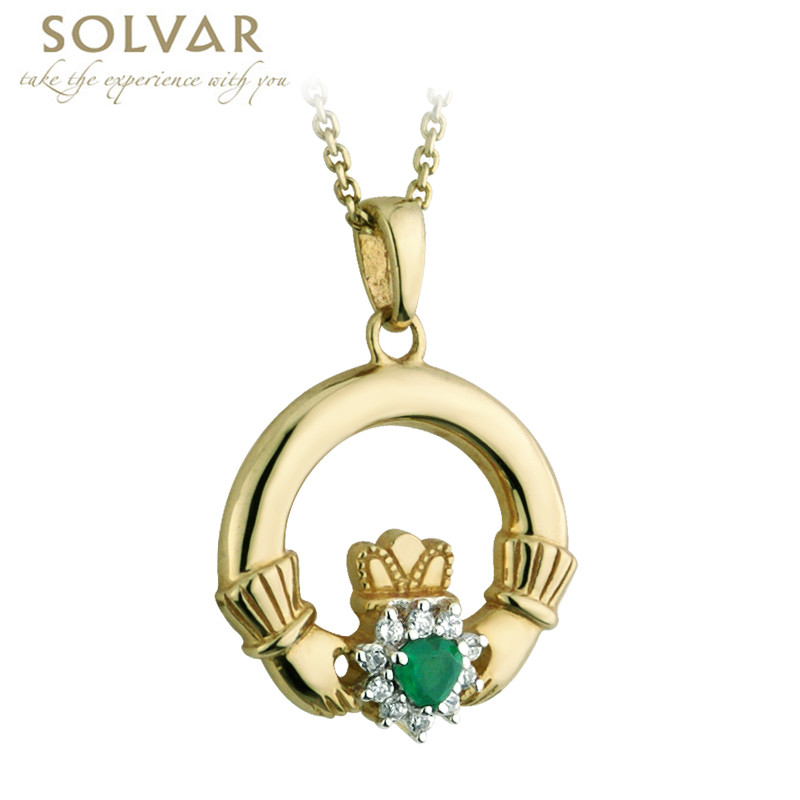 Product image for Irish Necklace - 10k Gold with Green Agate and CZ Claddagh Pendant with Chain
