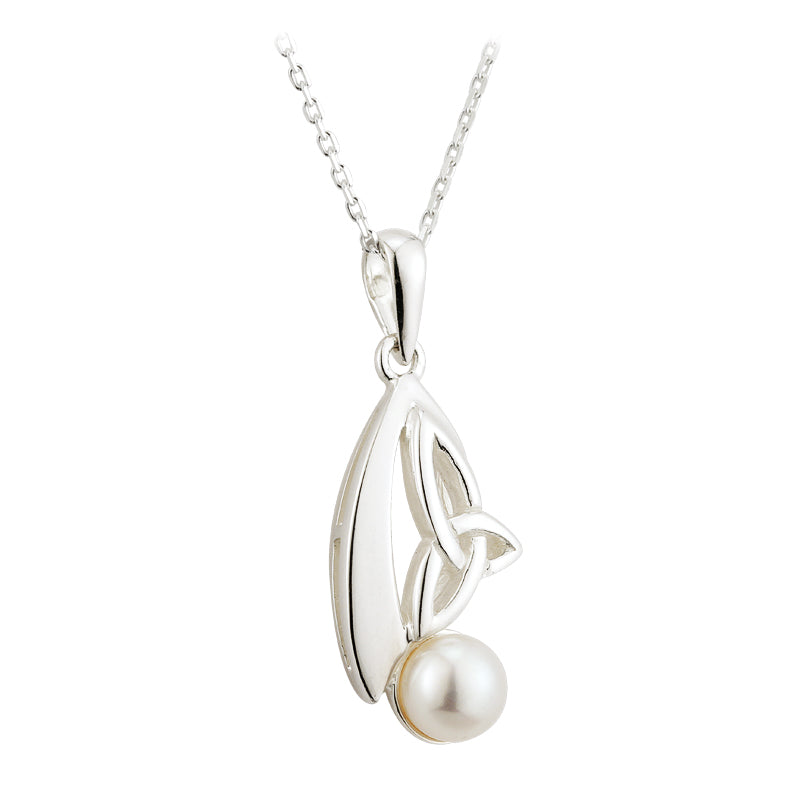 Irish Pendant Sterling Silver Pearl with Celtic Trinity Knot Necklace