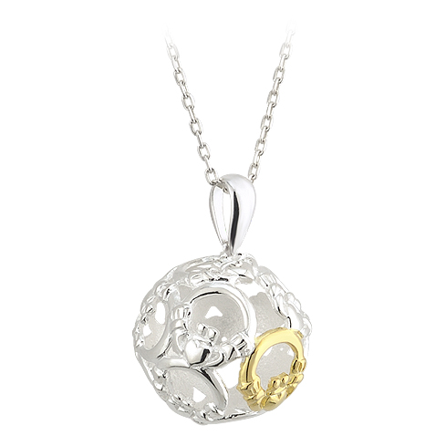 Product image for Celtic Pendant - Sterling Silver and Gold Plated Claddagh Sphere Pendant with Chain